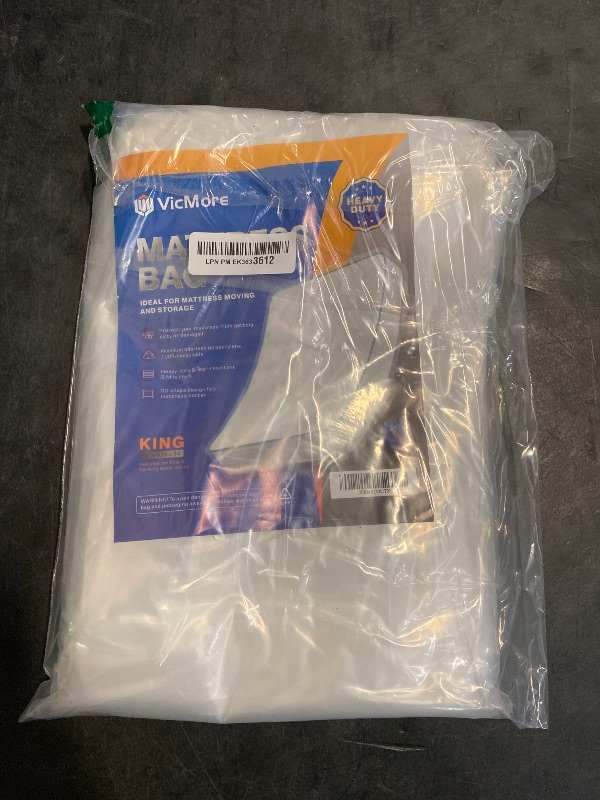 Photo 1 of VICMORE 3mil Heavy-Duty Plastic Mattress Bag for King/Cal King Size – Tear-Resistant Mattress Protector Cover for Moving & Storage, Transparent & Easy Fit