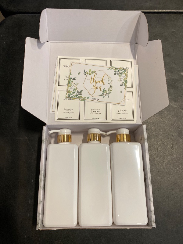 Photo 1 of HARRA HOME Modern Gold Design 27 oz Shampoo and Conditioner Dispensers - Plastic Refillable Pump Bottle Set for Bathroom Shower Soap Dispenser, Set of 3 (White)