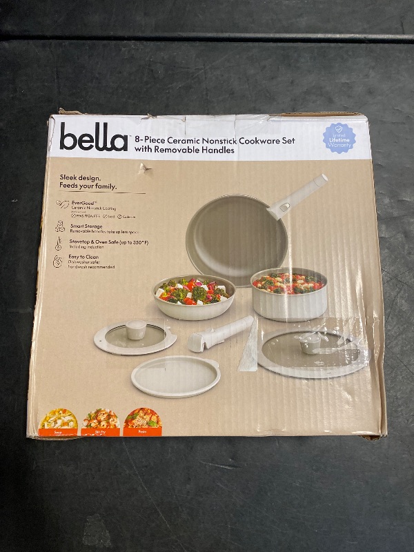 Photo 1 of bella 8 Piece Cookware Set, Fits-anywhere™ Kitchenware w EverGood™ Ceramic Nonstick Coating?, Removable Handles, Dishwasher & Oven Safe, All Stovetops Compatible, Glass Lids w Silicone Rims, Oatmilk
