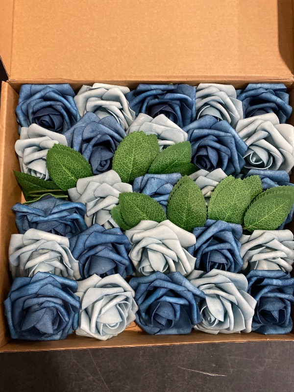 Photo 1 of AmyHomie Artificial Flower Dusty Blue Shades Rose 25pcs Real Looking Fake Roses w/Stem for DIY Wedding Bouquets Centerpieces Arrangements Party Baby Shower Home Decorations