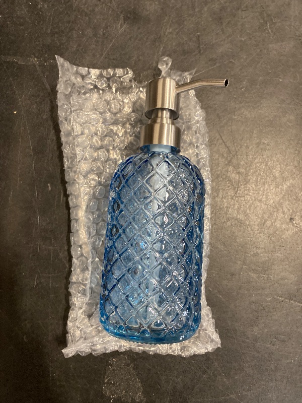 Photo 1 of 16 oz Diamond Pattern Glass Soap Dispenser, Kitchen and Bathroom Refillable Soap Dispenser with Rust Resistant Stainless Steel Pump for Hand Soap, Lotion Glass Liquid Dispenser (Blue)