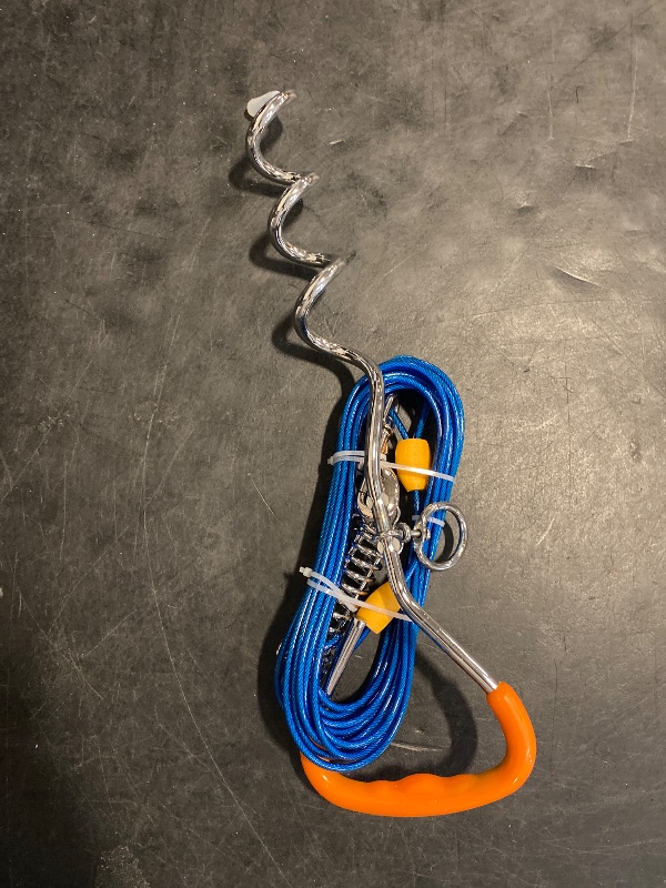 Photo 1 of Petbobi Dog Tie-Out Cable and Stake - 20ft Heavy Duty Cable with Spring, No Tangle, 16in Ground Stake, Ideal for Yard, Camping and Beach, Suitable for Small Medium Large Dogs Up to 120 lbs, Blue