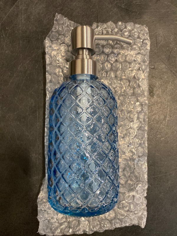 Photo 1 of 16 oz Diamond Pattern Glass Soap Dispenser, Kitchen and Bathroom Refillable Soap Dispenser with Rust Resistant Stainless Steel Pump for Hand Soap, Lotion Glass Liquid Dispenser (Blue)