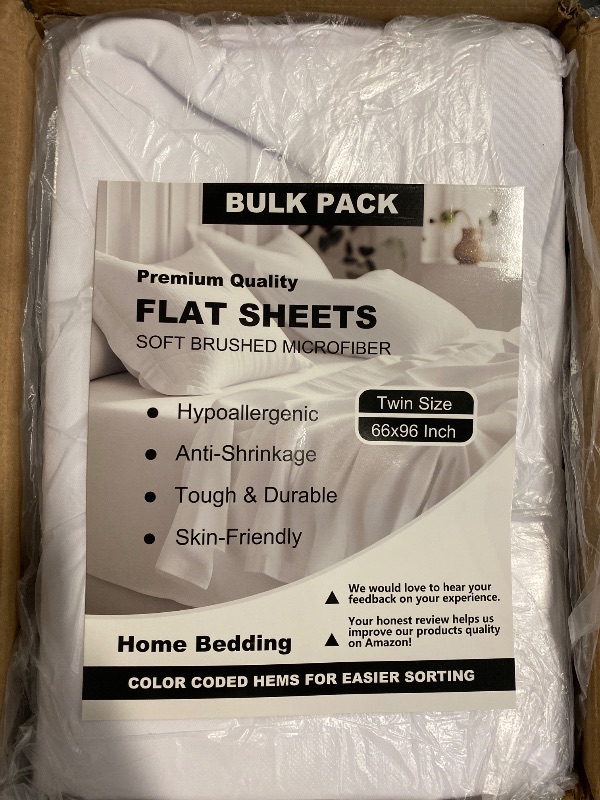 Photo 1 of ZPECC White Bulk Flat Sheets Only Twin Size 8 Pack, Easy Sort Top Bed Sheet by Color-Coded Hem Threads, Soft Durable Brushed Microfiber Fabric Hotel Airb&bs Essentials for Hosts, 66"x96"
