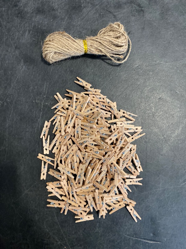 Photo 1 of Mini Clothes Pins for Photo, Small Clothespins 200 pcs 1" Natural Wooden Clothespins with Jute Twine, Mini Photo Clips,Small Clothes Pins for Photos, Crafts, Arts, Cocktails