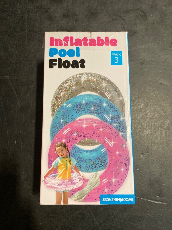 Photo 1 of Pool Floats Kids 3 Pack, Inflatable Swim Rings for Kids Pool Tubes Toys, Pool Floats Ring Toys, Summer Beach Swimming Pool Floats Party Supplies + Patch&Tow Rope