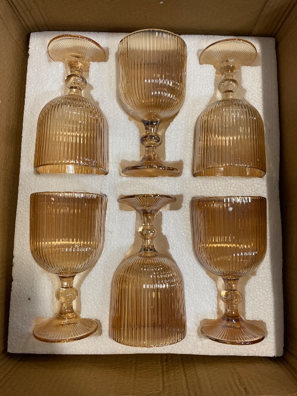 Photo 1 of Vintage Wine Glasses Set of 6, 11 Ounces Colored Glass Water Goblets, Colorful Unique Embossed Pattern High Clear Stemmed Glassware Wedding Party Bar Glass Drinking Cups Vertical Line Gold Amber