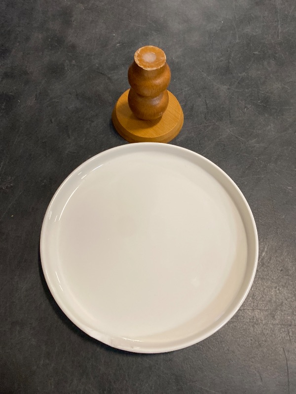 Photo 1 of White Cake Stand Small Mini Cake Pedestal Plate Stand, 6 inch Vintage Ceramic Round Wood Pie Stand for Party Wedding, Candle Jewelry Decorative Tray (Brown Wooden High-Foot)
