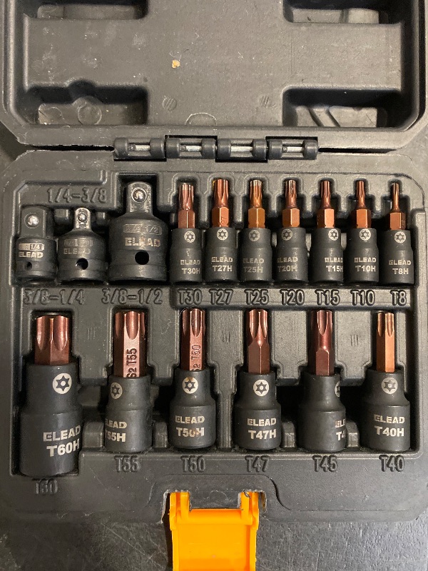 Photo 1 of 16-Piece Torx Bit Socket Set - Premium S2 Steel European Style T8-T60 with Socket Adapters, Star Bit Socket Set 1/4”, 3/8” and 1/2” Drive | Professional Mechanic Garage Tools