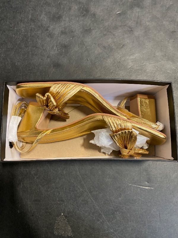 Photo 1 of Size 9.5 - ISNOM Gold Heels Bow Knot Heeled Sandals Ankle Buckle Strap Open Toe Block Chunky Heel Wedding Party Fashion Bridal Shoes (Gold Size9.5)