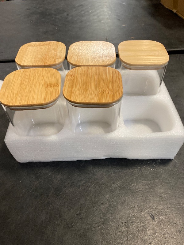 Photo 1 of Glass Food Storage Jars 37 oz Set of 6,Glass Storage Containers Clear Glass Food Canister with Bamboo Lid Airtight For Serving Tea, Coffee, Flour, Sugar, Candy, Cookie, Spice and More (Square)