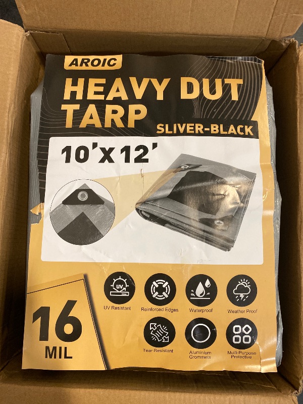 Photo 1 of AROIC 10x12FT Heavy Duty Tarps Waterproof, 16 Mil Thick Camping Tarp-15x17 Weave, Large Waterproof Tarp, Tarp Tear Resistant, UV Resistant, Multipurpose Protective Cover for Tent, Car, Roof, Boat
