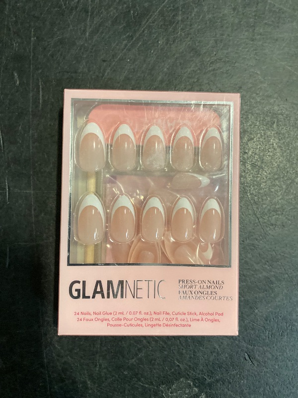Photo 1 of Glamnetic Press On Nails - MaDamn | White French Tip Fake Nails, UV Finish Short Pointed Almond Shape, Reusable Semi-Transparent in 12 Sizes - 24 Nail Kit with Glue