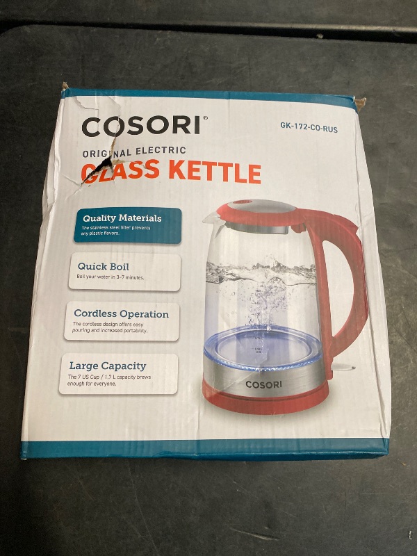 Photo 1 of Cosori Electric Kettle, No Plastic Filter & Spout, Tea Kettle & Hot Water Boiler For Coffee & Tea, Water Heater & Teapot, Automatic Shut Off, Borosilicate glass, Red, 1.7L/1500W