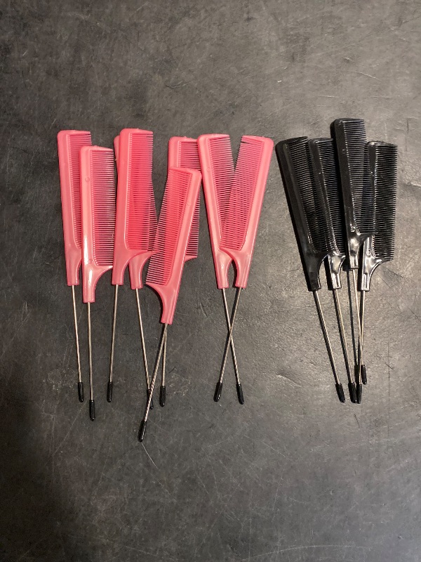 Photo 1 of 16 Pcs Rat Tail Comb Foiling Steel Pin Parting Fiber Heat Resistant Teasing Combs with Pintail for Women Girls Hair Styling(Black and Pink)