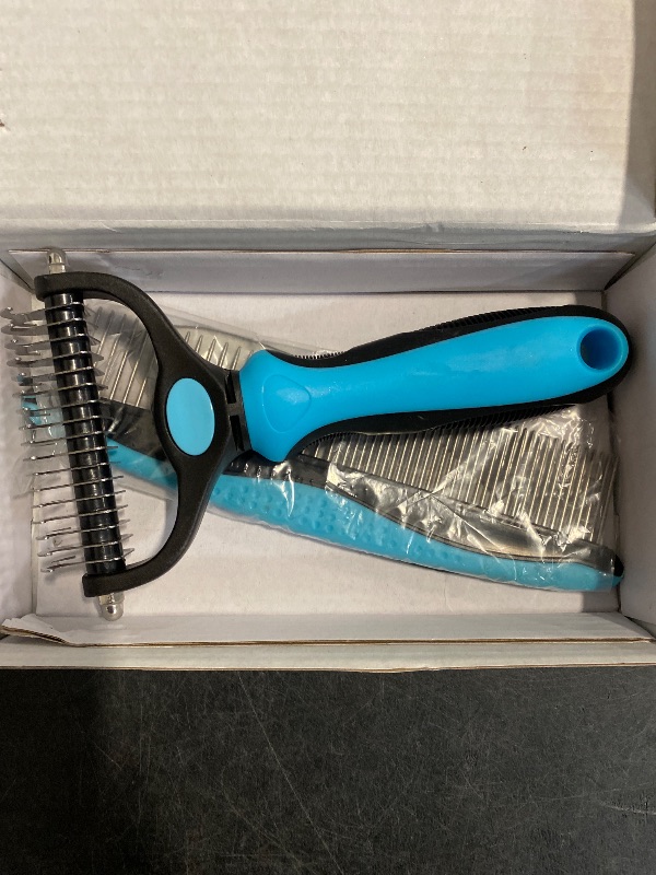 Photo 1 of Docrok Pet Grooming Combo - Blue Deshedding Brush with Metal Comb for Detangling and Dematting Long, Matted Fur on Cats and Dogs