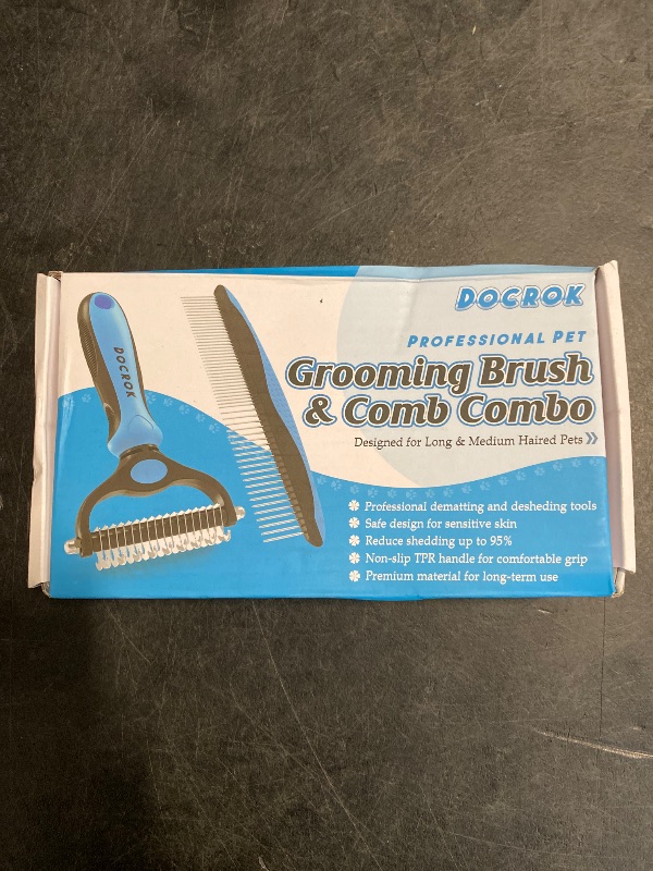 Photo 1 of Docrok Pet Grooming Combo - Blue Deshedding Brush with Metal Comb for Detangling and Dematting Long, Matted Fur on Cats and Dogs