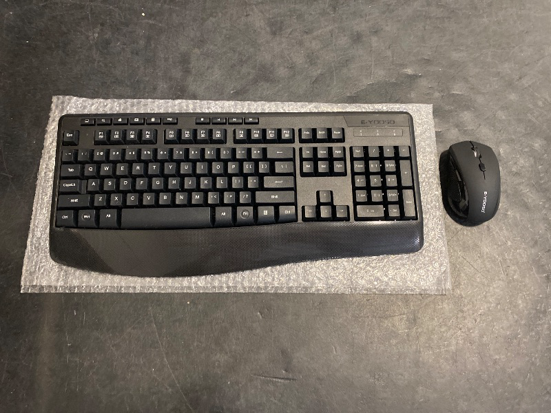 Photo 1 of Wireless Keyboard and Mouse Combo, E-YOOSO 2.4GHz Full Sized Ergonomic Wireless Keyboard with Wrist Rest, 3 DPI Adjustable and 6 Buttons Cordless USB Mouse for Computer, Laptop, PC, Windows (Black)