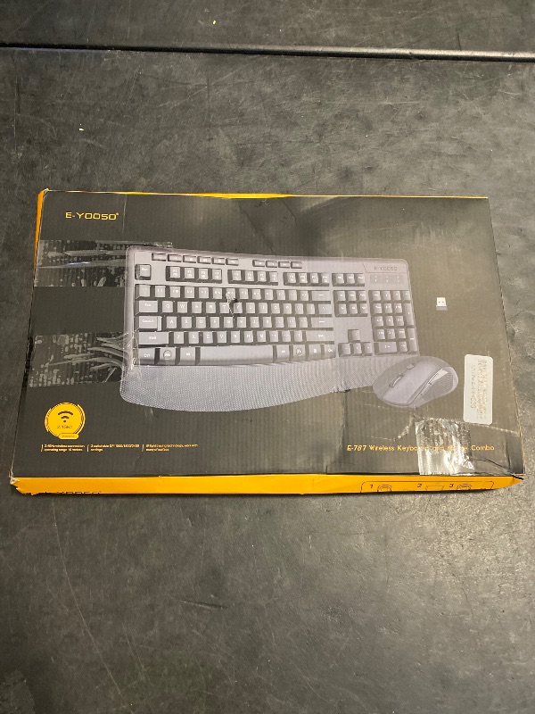 Photo 1 of Wireless Keyboard and Mouse Combo, E-YOOSO 2.4GHz Full Sized Ergonomic Wireless Keyboard with Wrist Rest, 3 DPI Adjustable and 6 Buttons Cordless USB Mouse for Computer, Laptop, PC, Windows (Black)