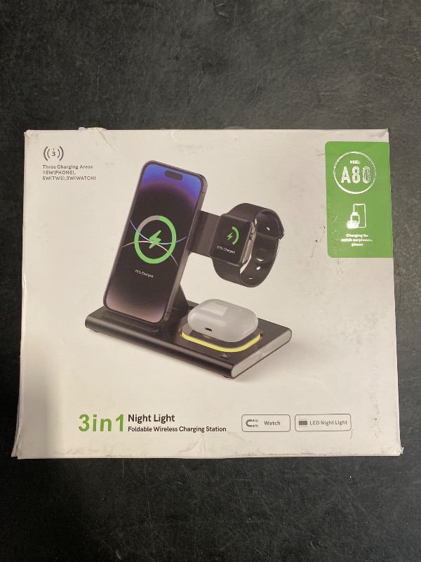 Photo 1 of 3 in 1 Foldable Charging Station for Apple Products,Fast Wireless Charger Travel Dock Adapter&Light for iPhone 16/15/14/13/12/11/X/XS,for iWatch 10/9/8/7/Ultra2/Ultra/SE,for AirPods 4/3/2/Pro/2(White)