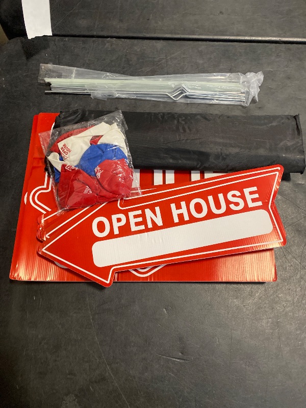 Photo 1 of Open House Signs Kit (45 Pcs), 1 Pack Open House Flag, 9 Pack Open House Signs for Real Estate, Double Sided Directional Arrows Sign with Stakes and 24 Balloons for Real Estate Agents Supplies