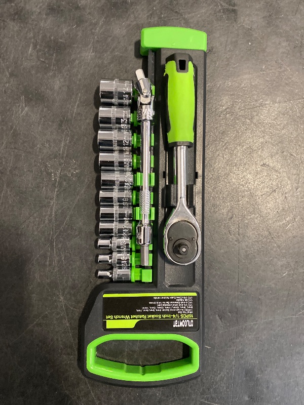 Photo 1 of OTLOOMTBT 15pcs 1/4 Inch Drive Ratchet Socket Wrench Set, with Metric 4-14mm and Front and Rear Quick Released Ratchet Handle and Extension Bar Universal Joint Hand Drill Adapter, Portable Organizer