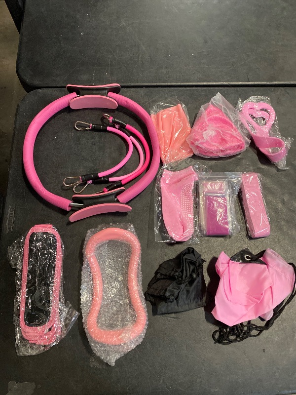 Photo 1 of RoundFunny Pilates Ring Circle Set 18 Pcs Exercise Equipment Accessories for Women Workouts Pilates Ball Stretching Strap Magic Circle Yoga Ring Gym Back Bag Resistance Band Anti Slip Socks(Pink)
