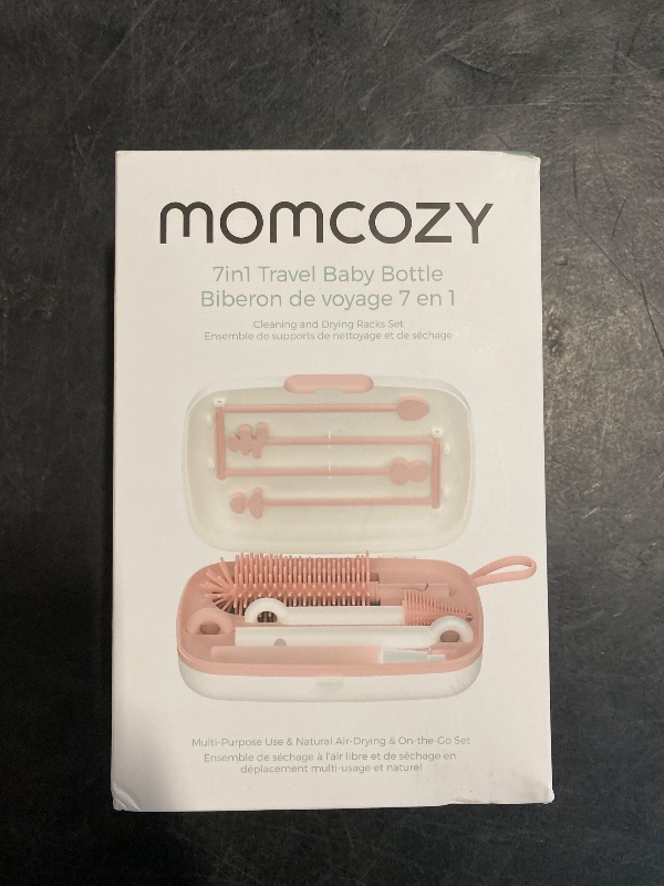 Photo 1 of Momcozy Bottle Brush Set - Baby Bottle Cleaner Kit with Silicone Brush, Nipple Brush, Straw Brush, Soap Dispenser, Drying Rack - 7 in 1 Bottle Cleaning Tool for Home and Travel, Pink