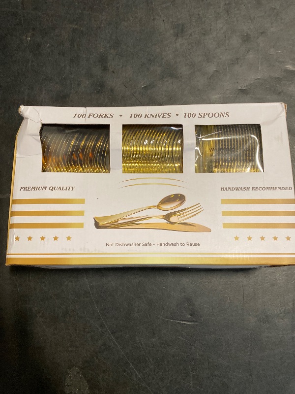 Photo 1 of N9R 300PCS Gold Plastic Silverware, Heavy Duty Gold Plastic Cutlery Set Disposable Flatware Dinnerware, 100 Forks, 100 Spoons, 100 Knives, Perfect for Party, Wedding and Daily Use
