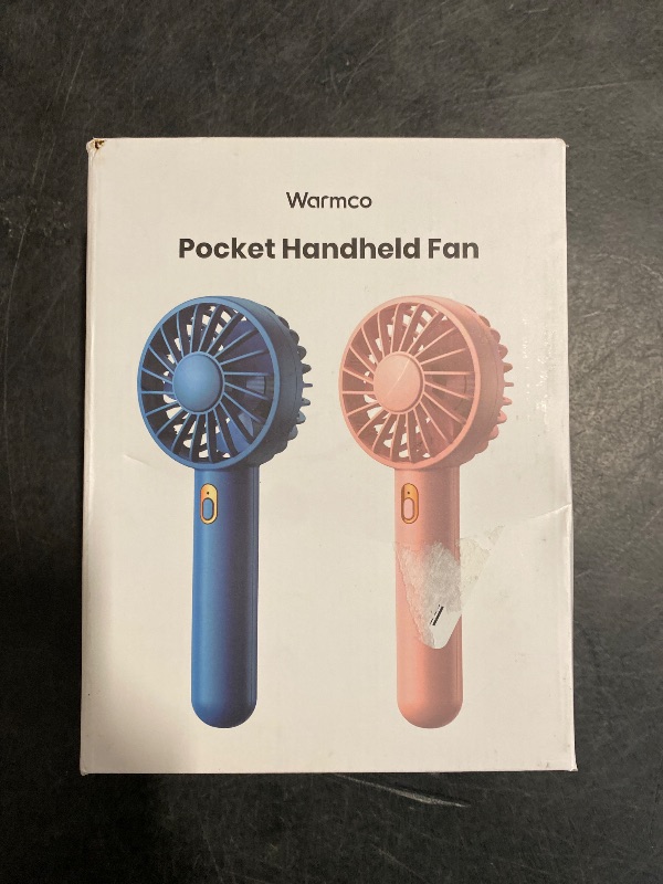 Photo 1 of Warmco Mini Portable Fan 2-Pack - 3 Speed Rechargeable Handheld & Desk Fan with Base, Compact Cooling for Travel, Makeup, Summer Gift (Blue & Pink)