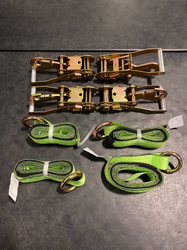 Photo 1 of Digank Car Tie Down Straps for Trailers- 4 Pack 2"x96" with Tire Strap 3,300lb Safe Working Load - Adjustable Straps with Snap Hooks (Green)