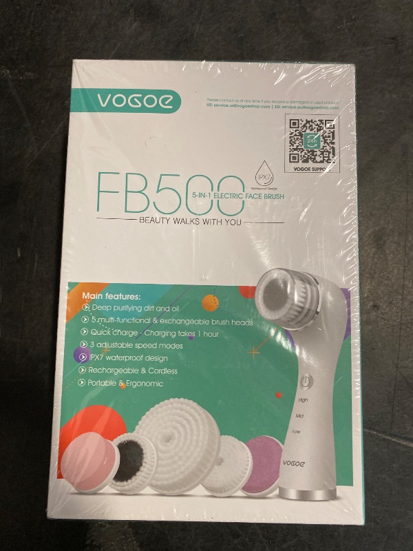 Photo 1 of VOGOE Facial Cleansing Brush Rechargeable, Spin Face Wash Brush IPX7 Waterproof Electric Face Scrubber Exfoliator, 3 Speeds & 5 Brushes for Cleansing and Exfoliating, White
