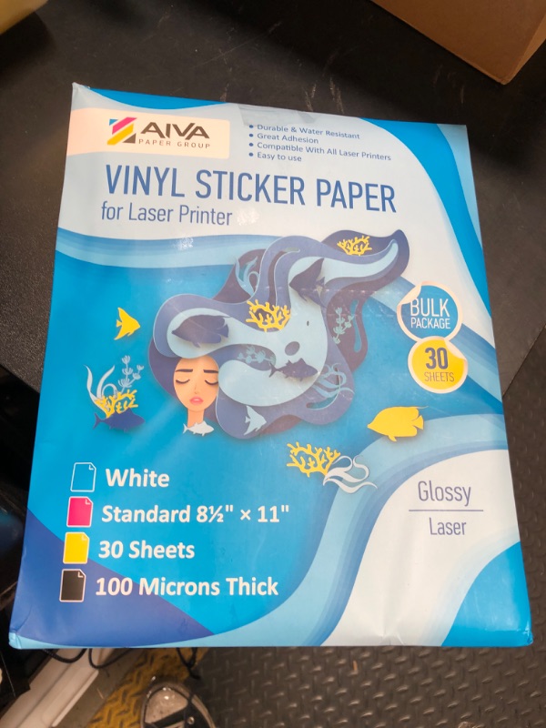 Photo 1 of Printable Vinyl Sticker Paper for Laser Printer - Glossy White - 30 Self-Adhesive Sheets - Waterproof Decal Paper - Standard Letter Size 8.5"x11"
