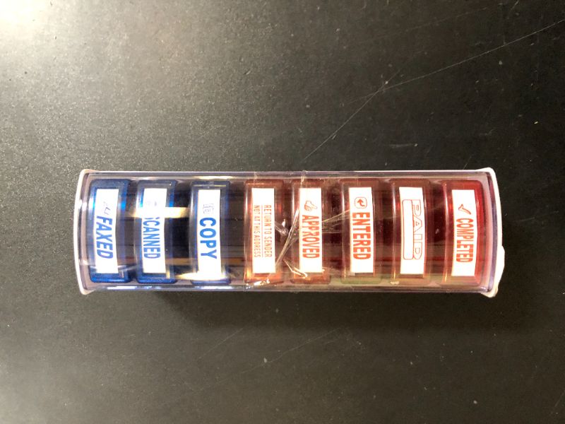 Photo 1 of Bertiveny Self Inking Office Stamp Set for Approved Paid Completed Copy Faxed Scanned Stamps, Rubber Business Stamp 8 PCS with Plastic Tray Message Account Stamp Paper Work Text Ink Stampers