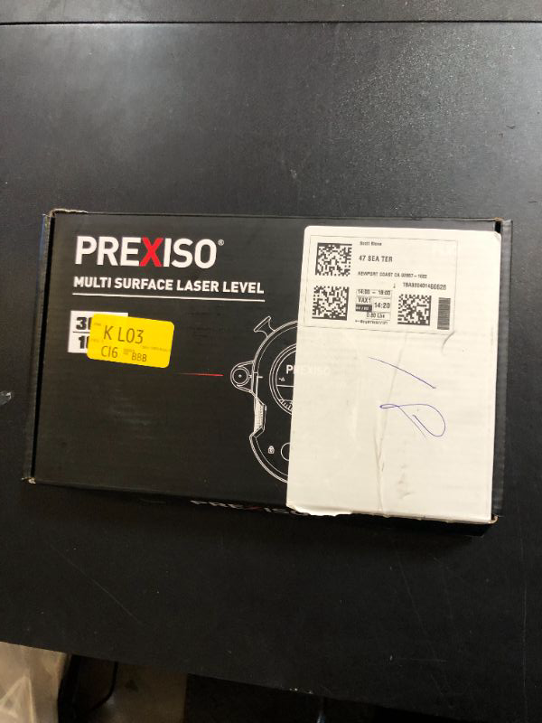 Photo 1 of PREXISO Multi Surface Laser Level LED Light Vial, 30Ft Horizontal & Vertical Line Laser with Wall Mount Base, 2 Pins, 10 Sticker, 2 AA Batteries for Hanging Frames & Picture, Construction Wall Writing