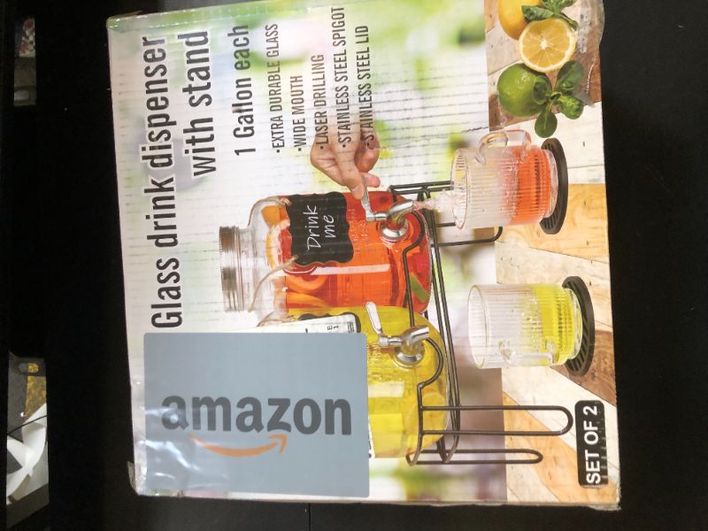 Photo 1 of Drink Dispenser (2 Pack) With Metal Stand,Drink Dispensers for Parties,1 Gallon Beverage Dispenser with Stainless Steel Spigot & Lid,Come with Ice Cylinder,Fruit Tube and 2 Rubber Mats