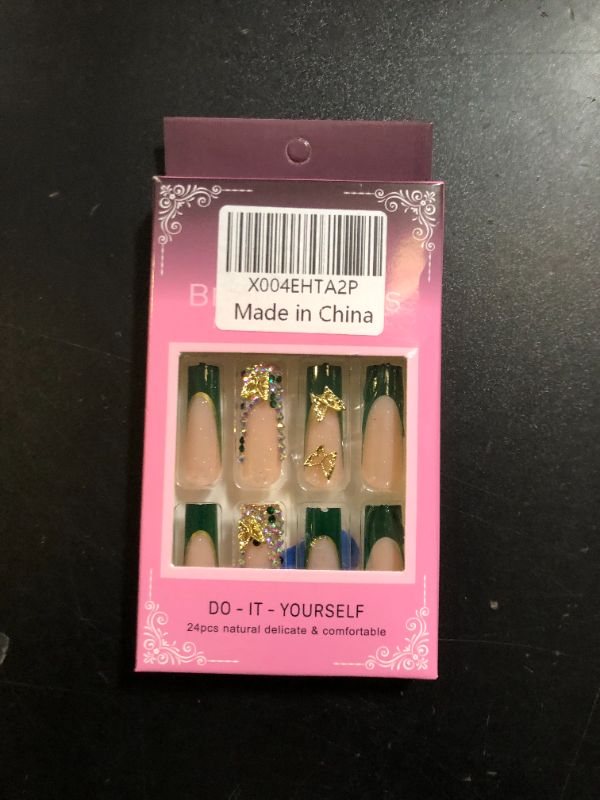 Photo 1 of RUOKEXIN Long Square Press on Nails Green French Tip Fake Nails Gold Glitter False Nails with Gold 3D Butterfly Designs Long Square Glue on Nails Sparkly Artificial Nails Cute Stick on Nails for Women