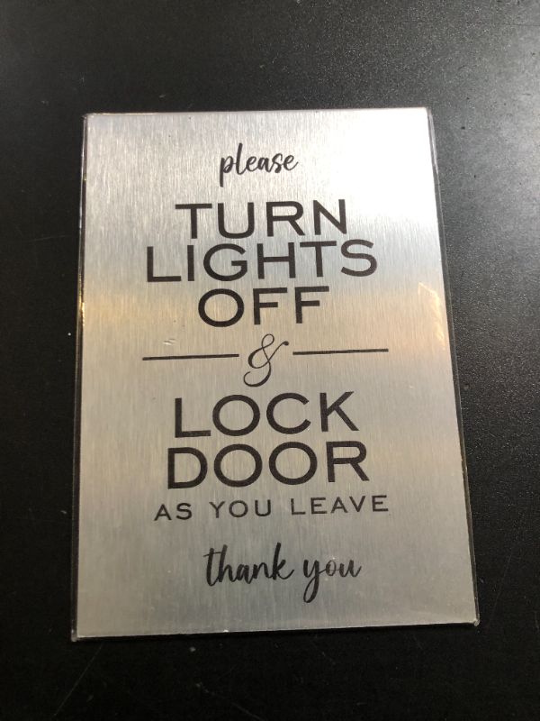 Photo 1 of "turn off lights and lock door" Sign - Brushed Aluminum ACM, Perfect for Vacation Rentals and Offices (Brushed Aluminum, 5" x 7")