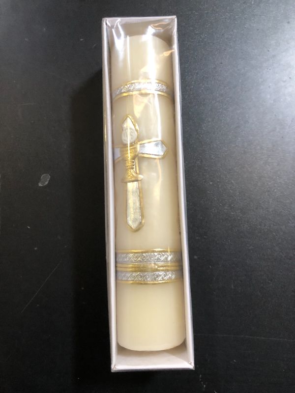 Photo 1 of San Rafael Arcangel Holy Grail Cross Candle for First Communion or Baptsim White Candle Silver Cross Design Vela Catolica de Primera Comunion o Bautizo con Cruz Christening Celebration 8 inch