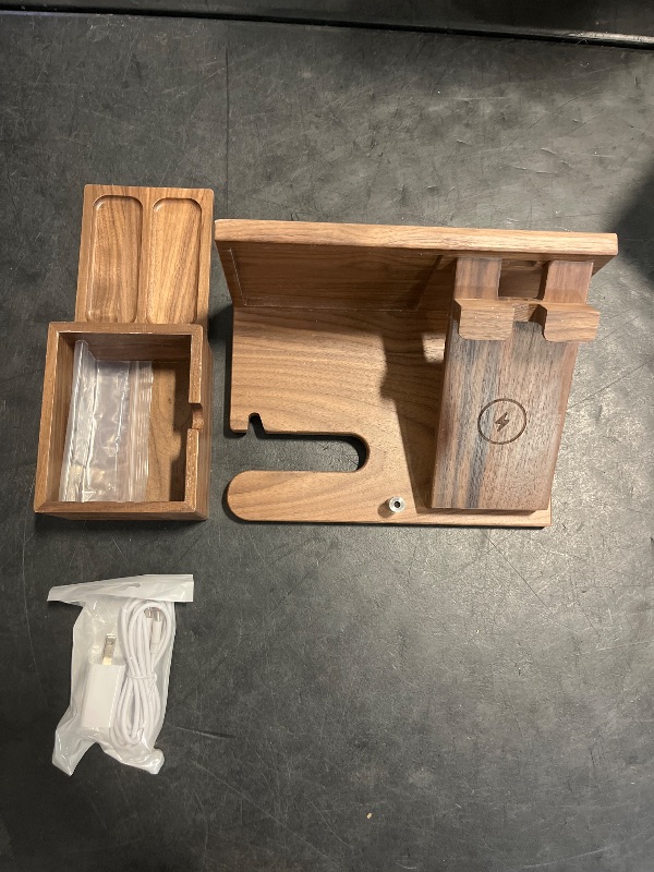 Photo 1 of Walnut Wood Phone Docking Station with Wireless Charging, Nightstand Organizer for Men & Women, Compatible with iPhone/Samsung/Apple Watch/AirPods, Gifts for Dad, Husband, Anniversary, Birthday
