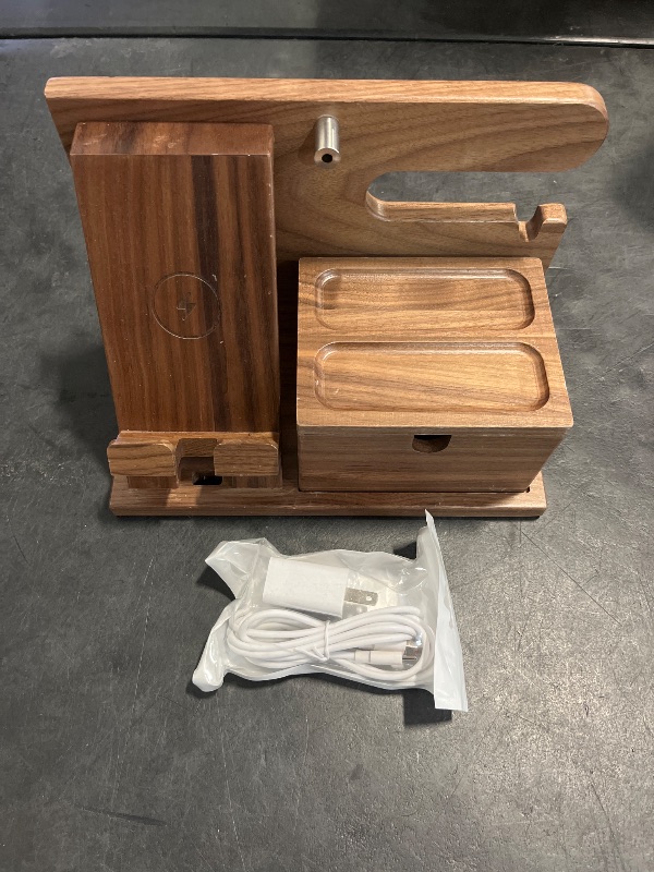 Photo 1 of Walnut Wood Phone Docking Station with Wireless Charging, Nightstand Organizer for Men & Women, Compatible with iPhone/Samsung/Apple Watch/AirPods, Gifts for Dad, Husband, Anniversary, Birthday