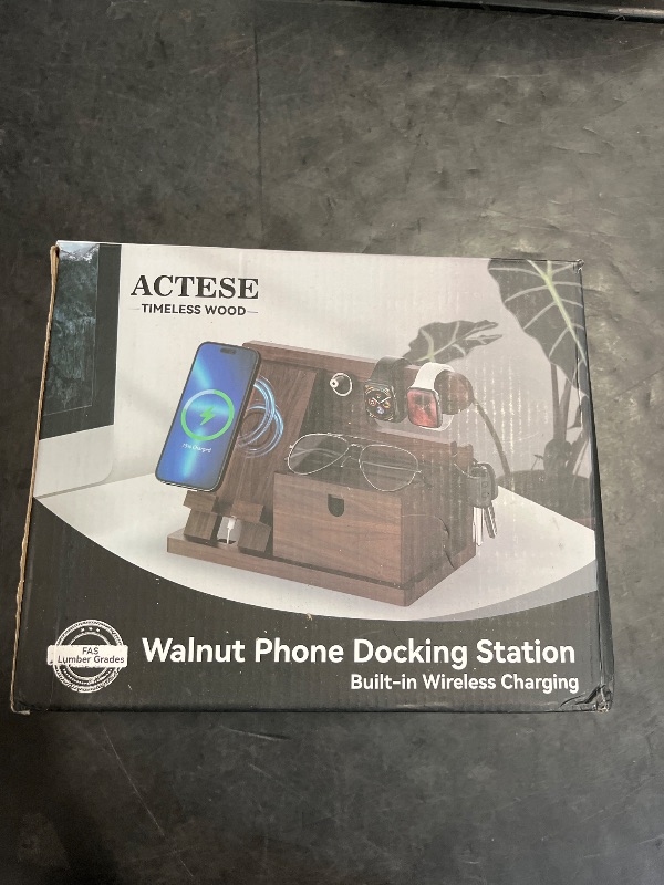 Photo 1 of Walnut Wood Phone Docking Station with Wireless Charging, Nightstand Organizer for Men & Women, Compatible with iPhone/Samsung/Apple Watch/AirPods, Gifts for Dad, Husband, Anniversary, Birthday