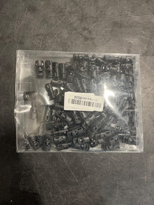 Photo 1 of TIHOOD 100PCS Plastic Spring Stopper Single Hole Heavy Duty Cord Stop Toggle Fastener Slider Lock End for Drawstring Paracord Black
