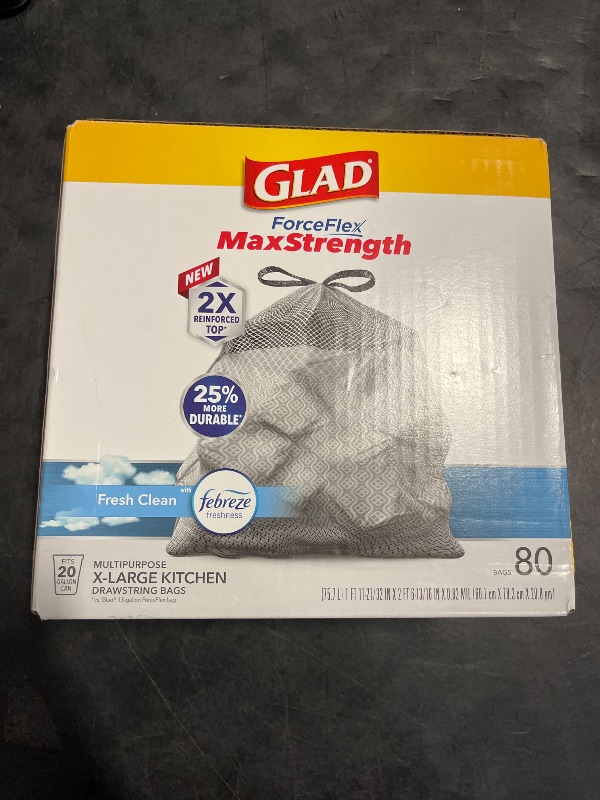 Photo 1 of Glad ForceFlex MaxStrength Kitchen Drawstring Trash Bags, 20 Gal, Fresh Clean, 80 Ct, Pack May Vary