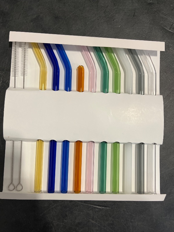 Photo 1 of RENYIH 10 Pcs Reusable Bent Glass Drinking Straws,9''x10 mm Colorful Glass Straws for Beverages, Shakes, Milk Tea, Juices,Set of 10 Bent with 2 Cleaning Brushes -Shatter Resistant