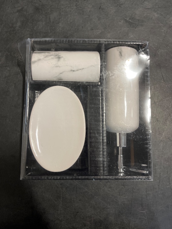 Photo 1 of Bodico 3-Piece Marble Bathroom Accessory Set with Soap Dispenser, Soap Dish, and Toothbrush Holder, Modern Ceramic Design, Stylish Bathroom Decor and Organizer Set, White