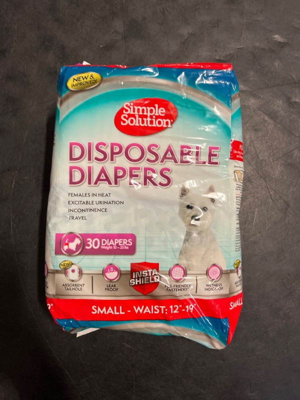 Photo 1 of Simple Solution Female Dog Diapers – Disposable Diapers for Potty Training, Incontinence, and Heat Cycle Protection – Leak-Proof Fit for Small Dogs, 12–19 Inch Waist – 30 Count