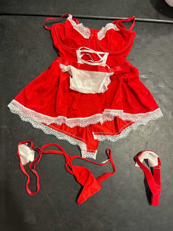 Photo 1 of (S) WDIRARA Women's 3 Piece Costume Outfit Contrast Lace Colorblock Bow Front Underwire Maid Lingerie Set Red Plain Solid Small