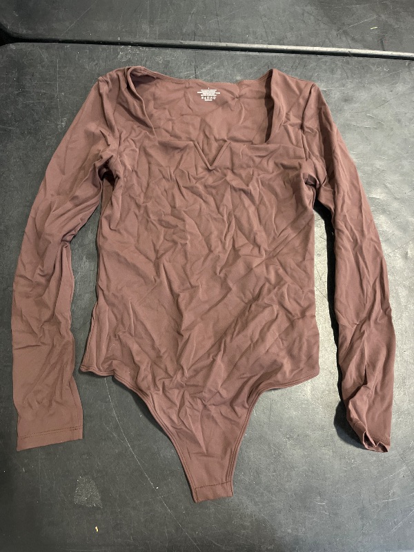 Photo 1 of (S) Chunpin Women's Square Neck Notch V Neck Long Sleeve Bodysuit Tops Double Lined Thong Bodysuit Coffee S