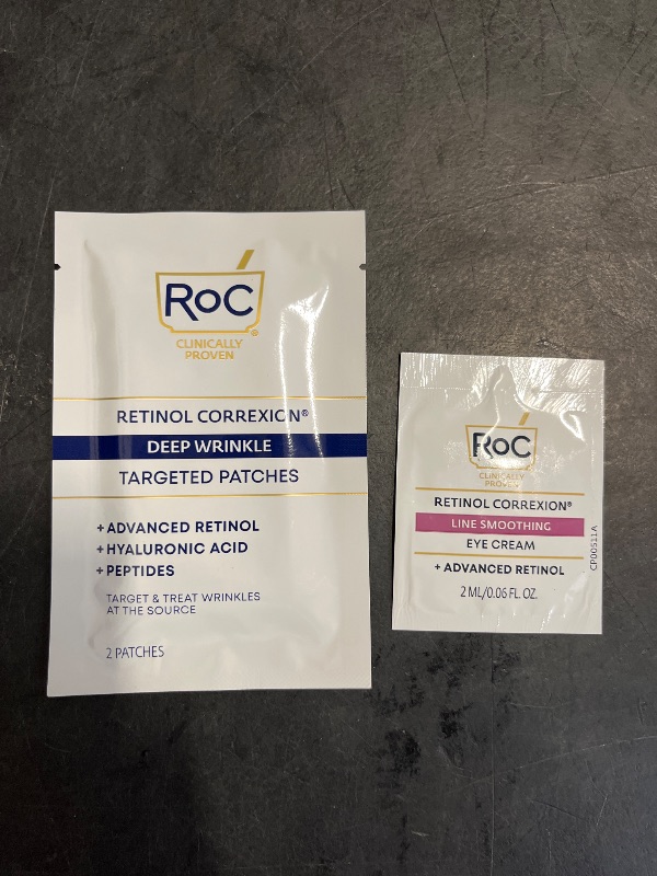 Photo 1 of RoC Retinol Correxion Deep Wrinkle Non-Invasive Targeted Patches with Hyaluronic Acid + Firming Peptides for Forehead, 11 Lines, Crow’s Feet and Laugh Lines, (6 Patches) with Retinol Eye Packette